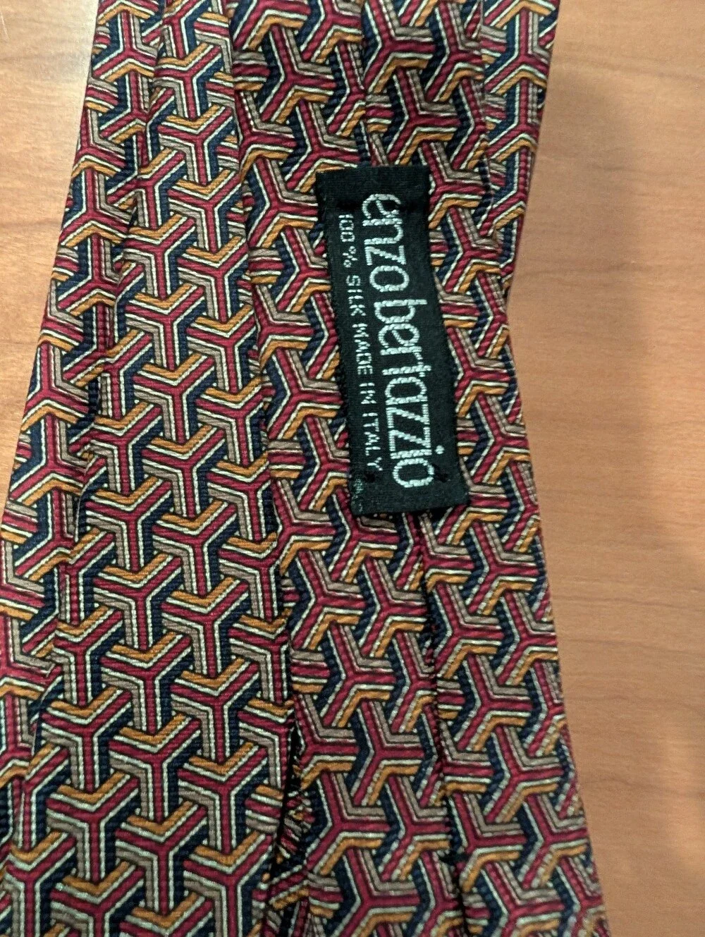 Enzo Classic Geometric Pattern Men's Tie - Red, Gold, Navy